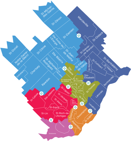 Carte de Lanaudière - territoire séparé par des couleurs délimitant des zones.